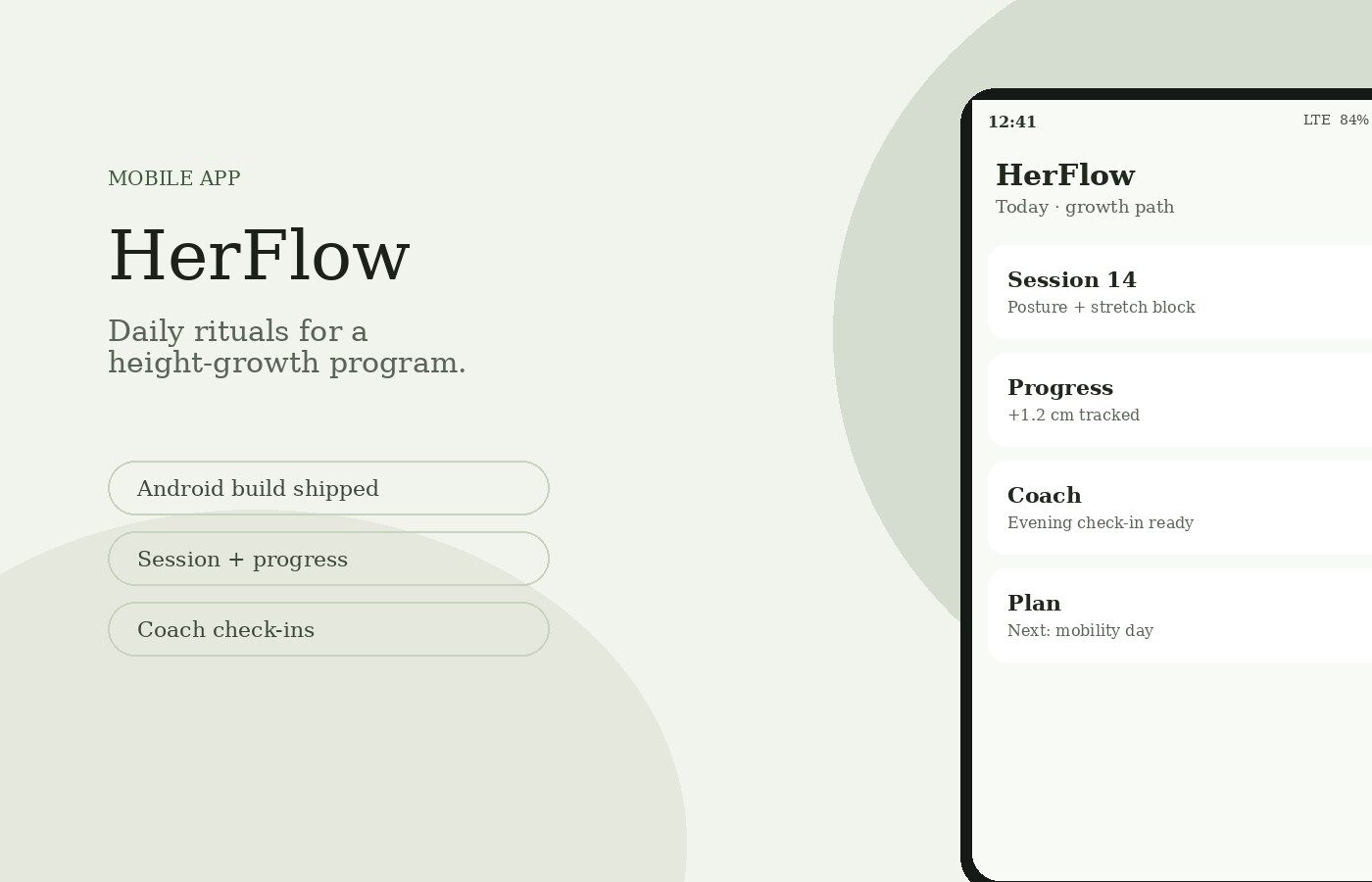 HerFlow Android product system — phone UI frames for sessions, progress, and coaching.