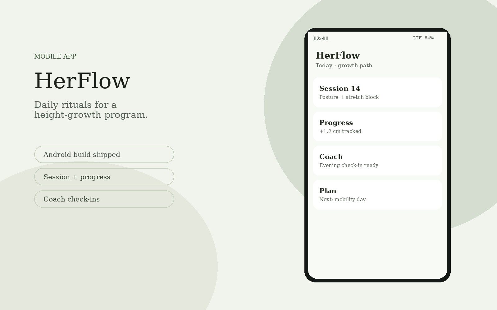 HerFlow Android product system — phone UI frames for sessions, progress, and coaching.