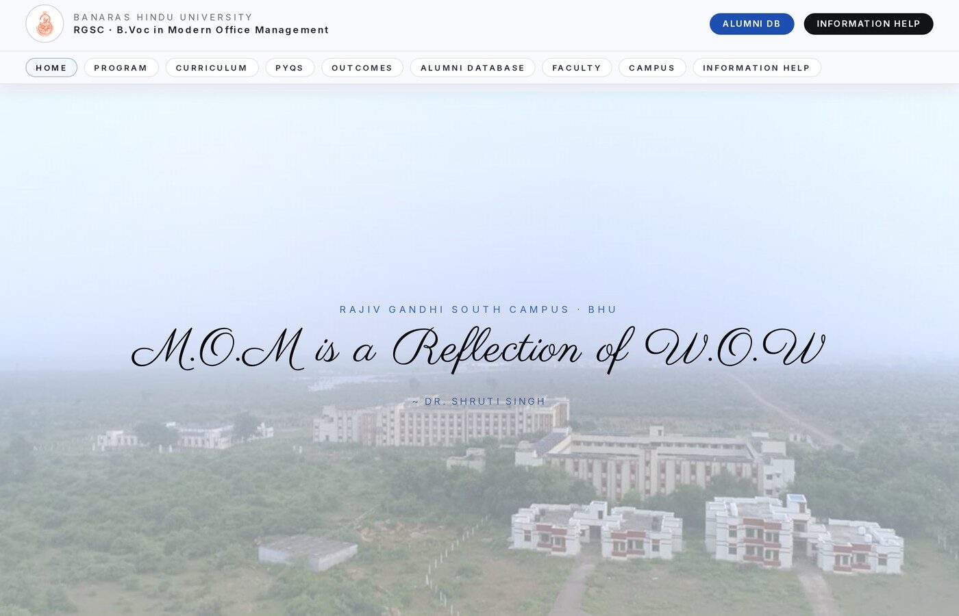 Banaras Hindu University — B.Voc Modern Office Management (M.O.M) program site at RGSC: institutional editorial frames and brand system.