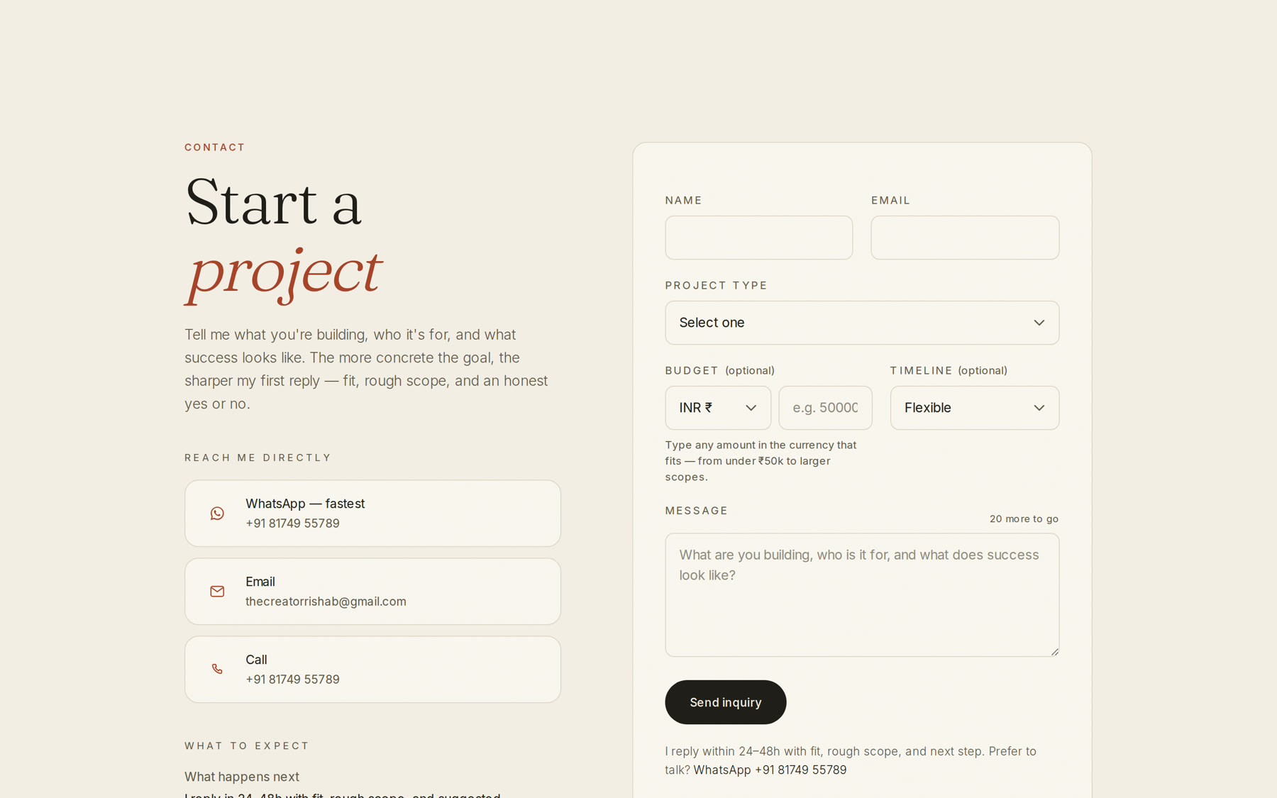Contact form and project inquiry path