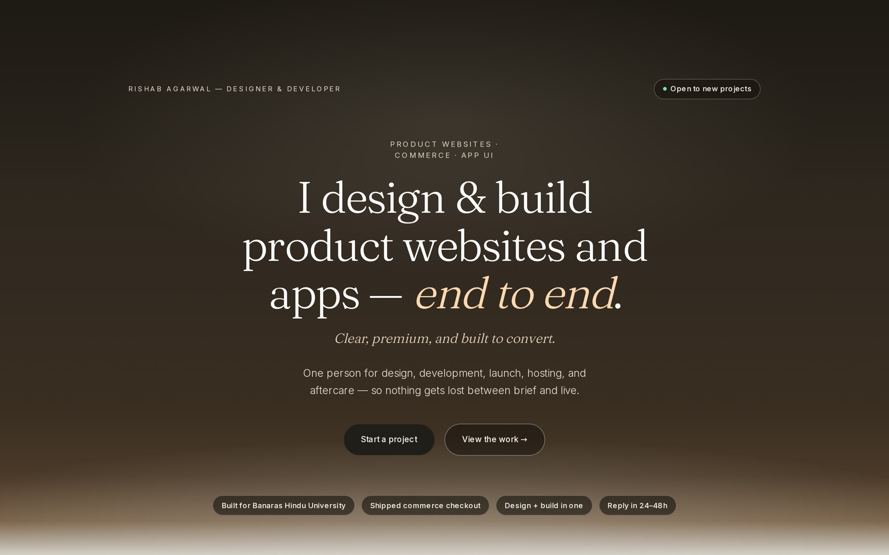 Rishab Agarwal portfolio — premium freelance site with selected work and contact path.