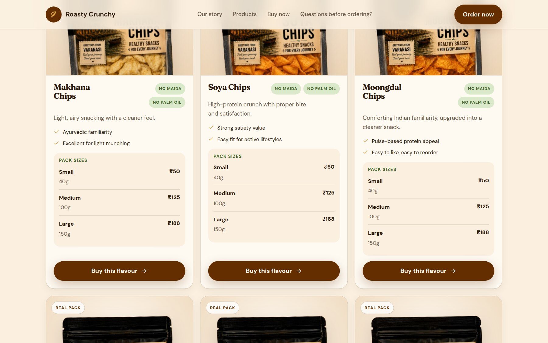 Product grid with pack sizes and pricing